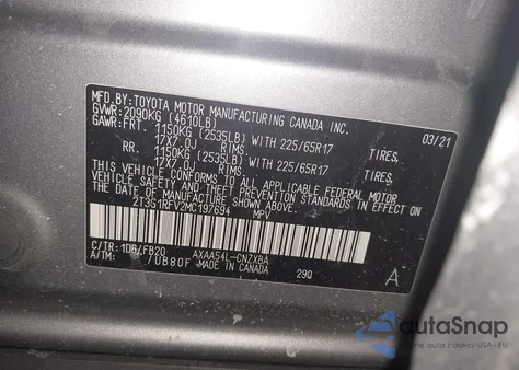 2021 Toyota Rav4 Le из США, поврежденный, VIN 2T3G1RFV2MC197694